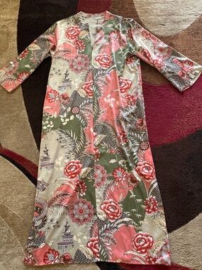 Vintage Natori Silky Maxi Gown Zip Up Robe Coral & Olive Long Split Sleeve